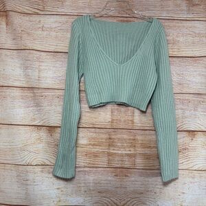 SHEIN Plunging V-Neck Ribbed Crop‎  Knit Green Sweater